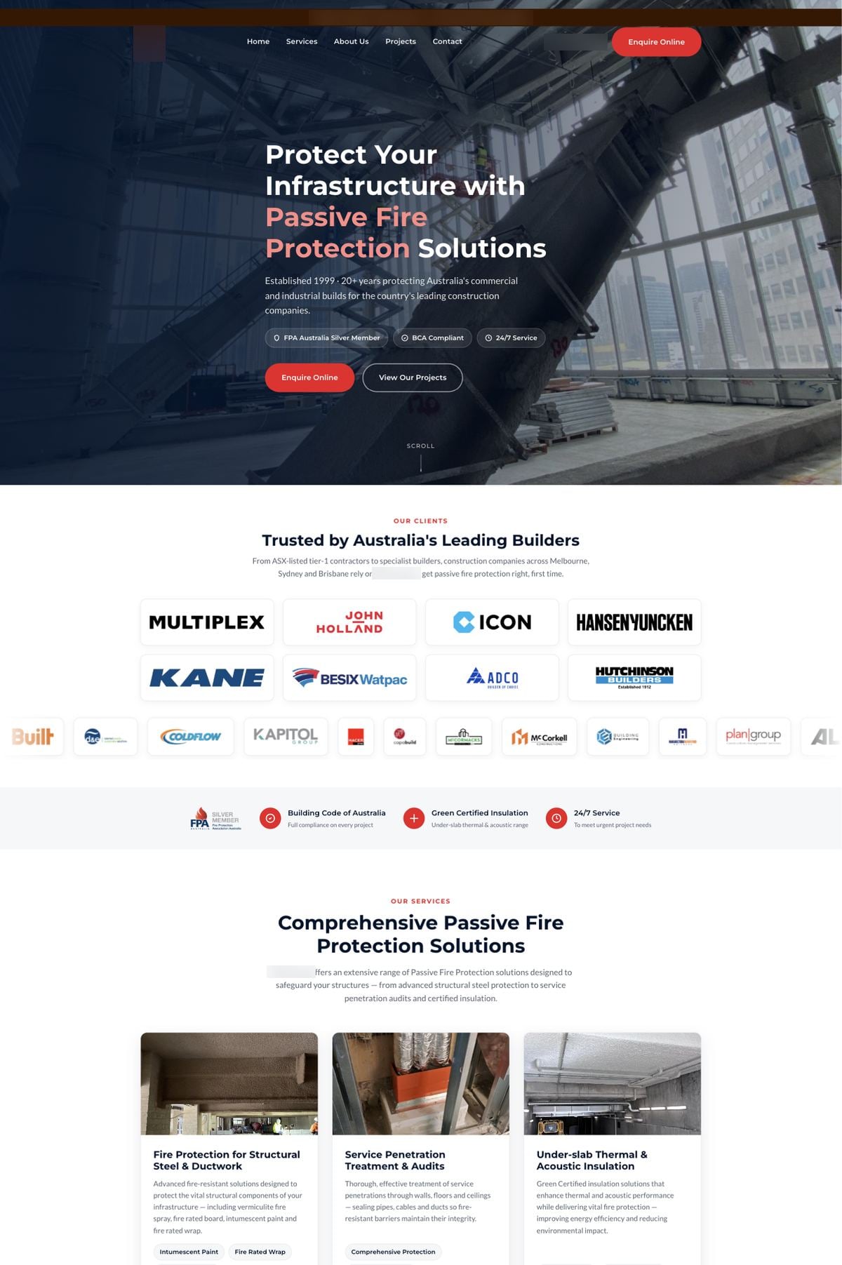 Homepage concept for a passive fire protection specialist, desktop and mobile views