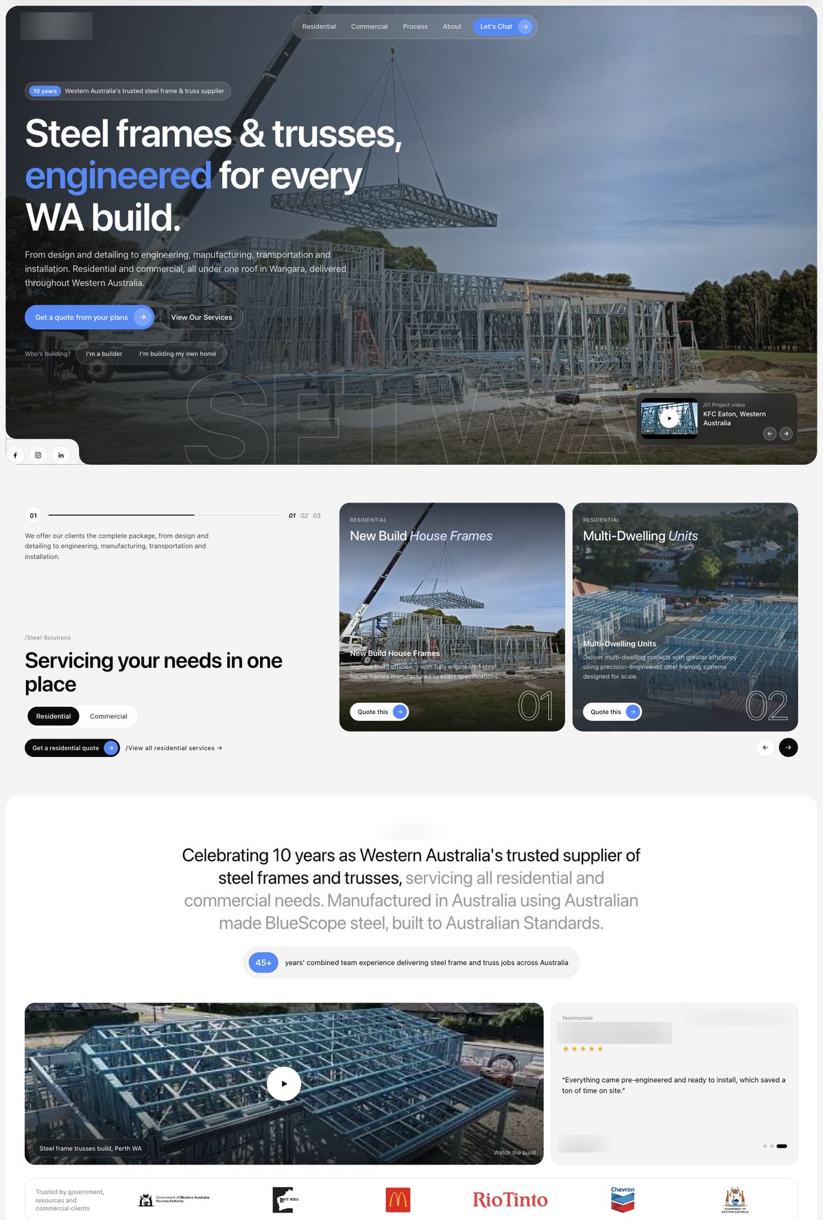 A free homepage concept for a steel frame and truss supplier, scrolling from the hero down through its services