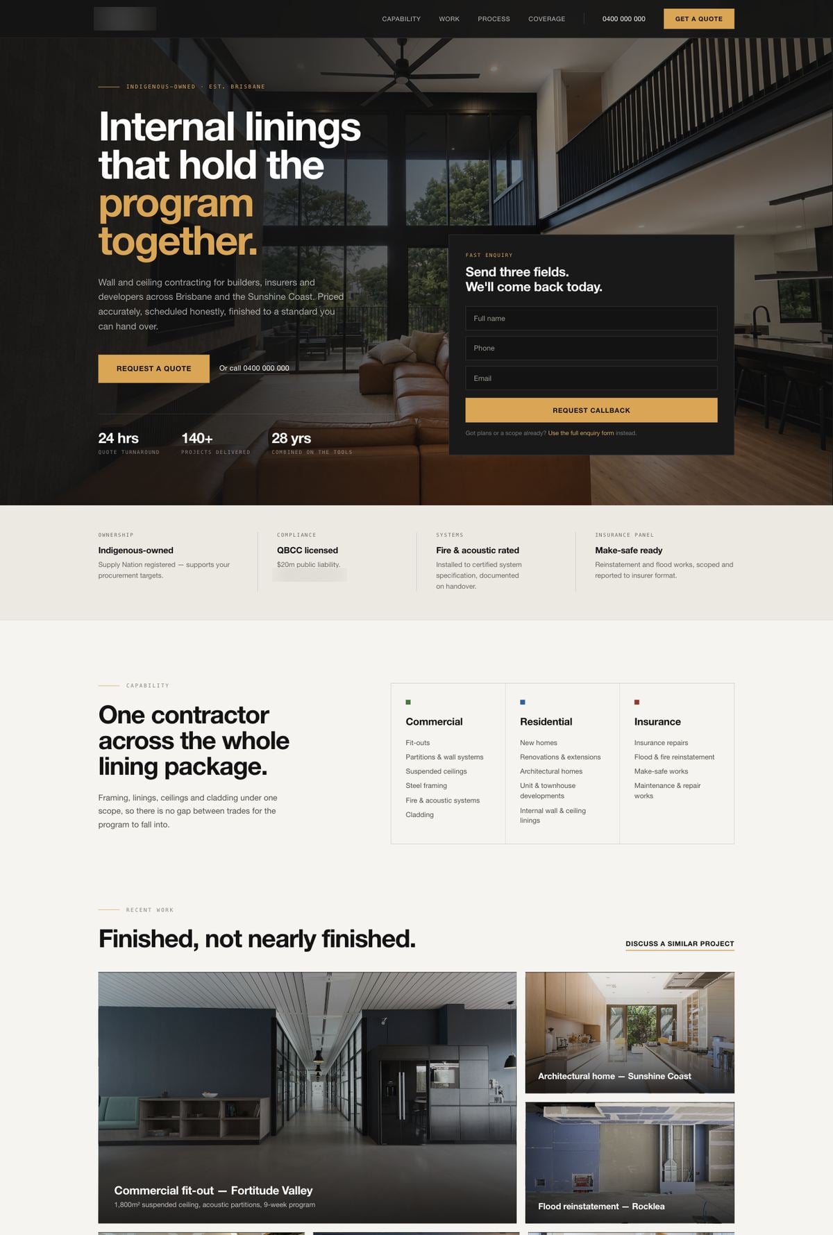 Homepage concept for a wall and ceiling contractor, desktop and mobile views