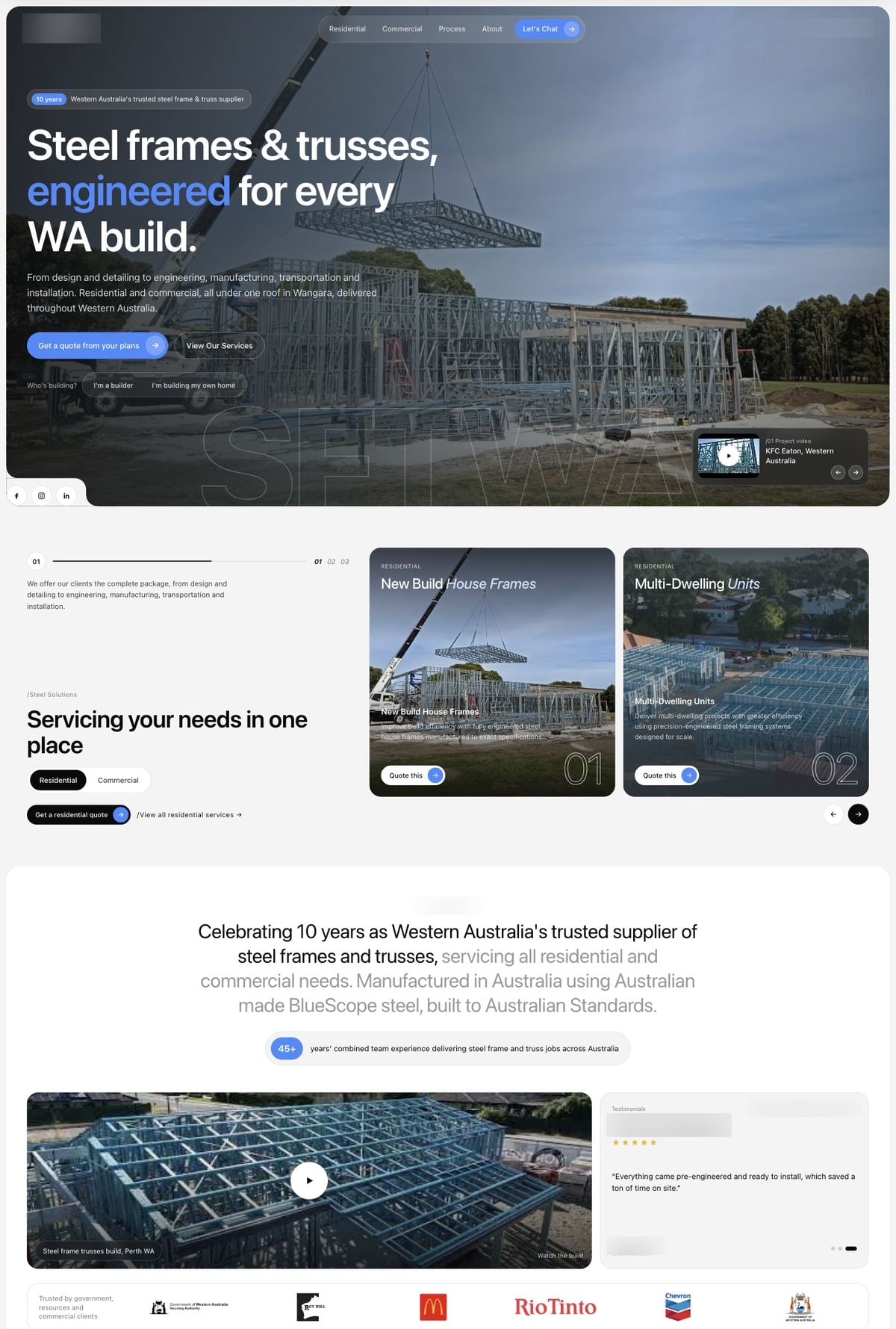 Homepage concept for a steel frame and truss supplier, desktop and mobile views