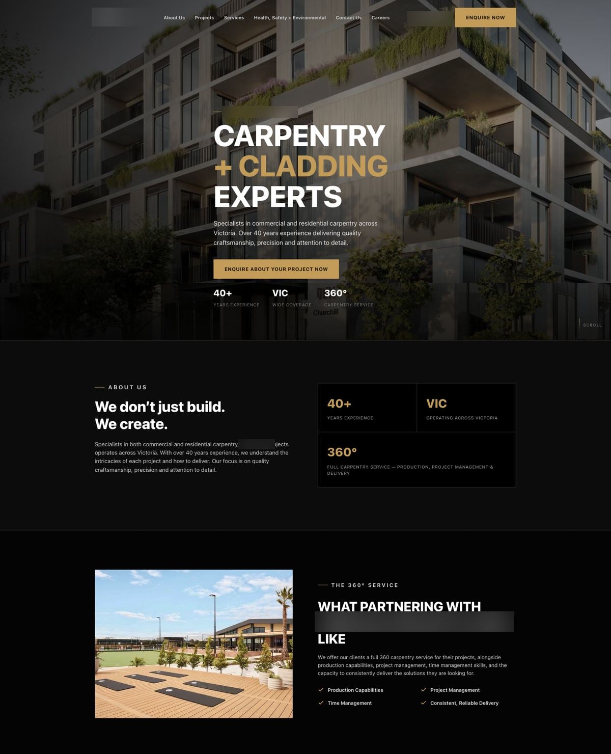Homepage concept for a carpentry and cladding contractor, desktop and mobile views
